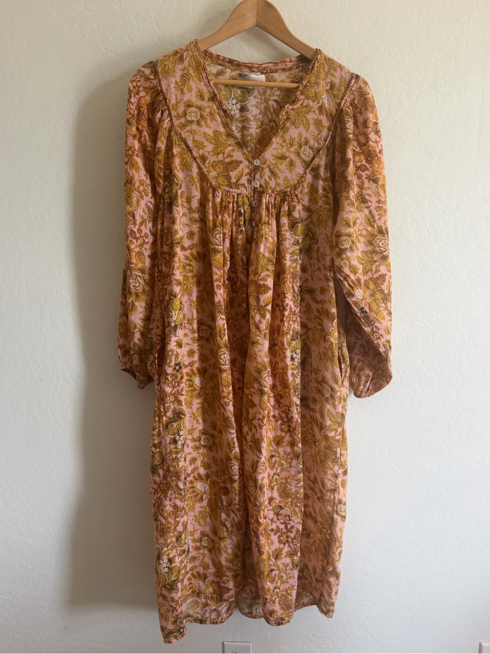 Kinga Csilla Floral Block Print Long Sleeve Midi Dress Pink Yellow L
